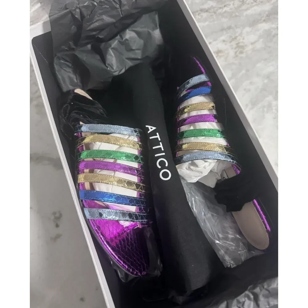 New Attico Rainbow Metallic Strappy Flat Slide on Sandals Size 35